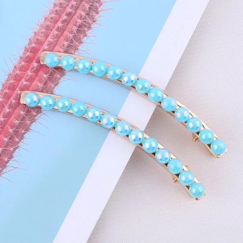 Bend clip-Blue 2pcs/set Pearl Flower Hair Clips Alligator Duckbill Long Hairpins Barrettes Candy Rainbow Color Hair Accessories for Women Girls - Цвет: Bend clip-Blue