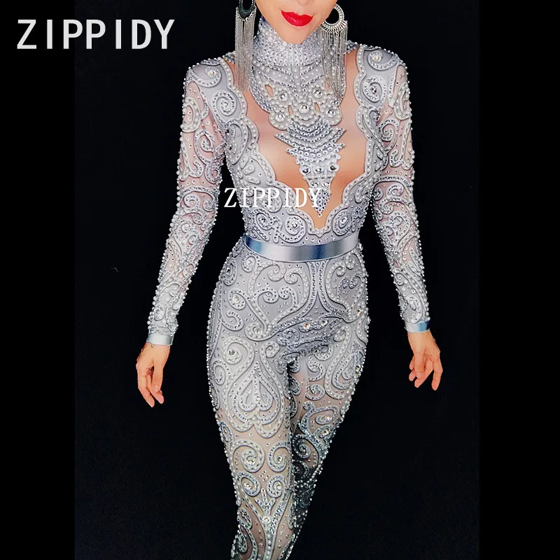 Glisten Silver Crystals Jumpsuit Long Sleeves Stretch Pearl Outfit Female Singer DS Nightclub Women's Party Wear Sexy Bodysuits