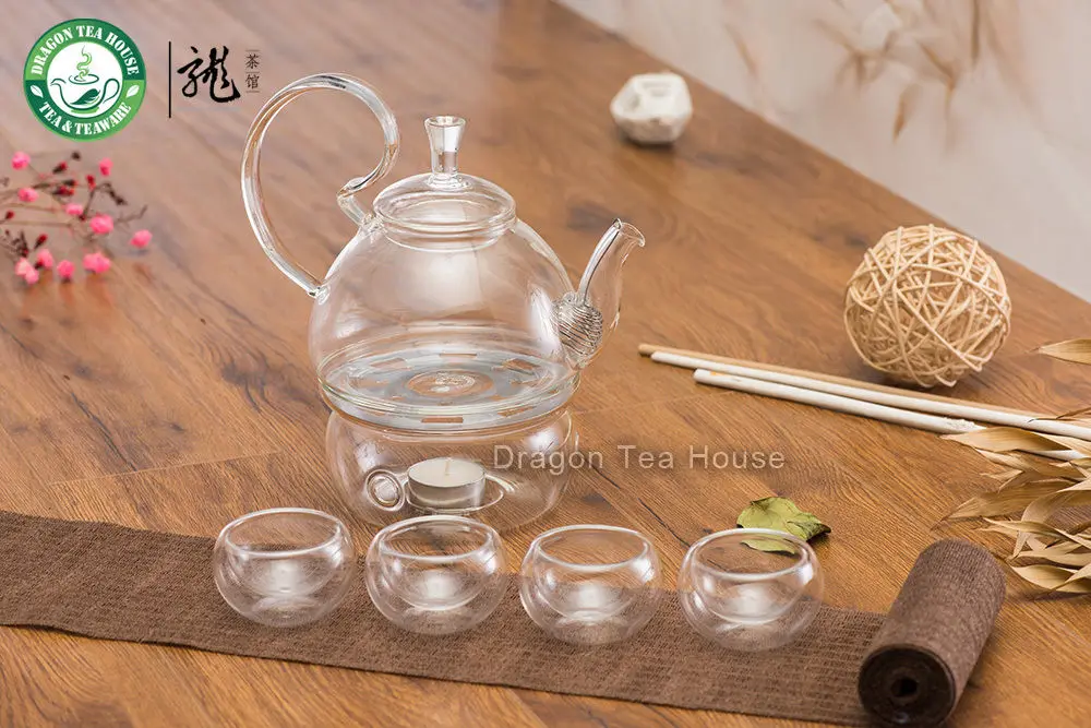 Чайный сервиз из прозрачного стекла чайник с фильтром подогревателем и четырьмя