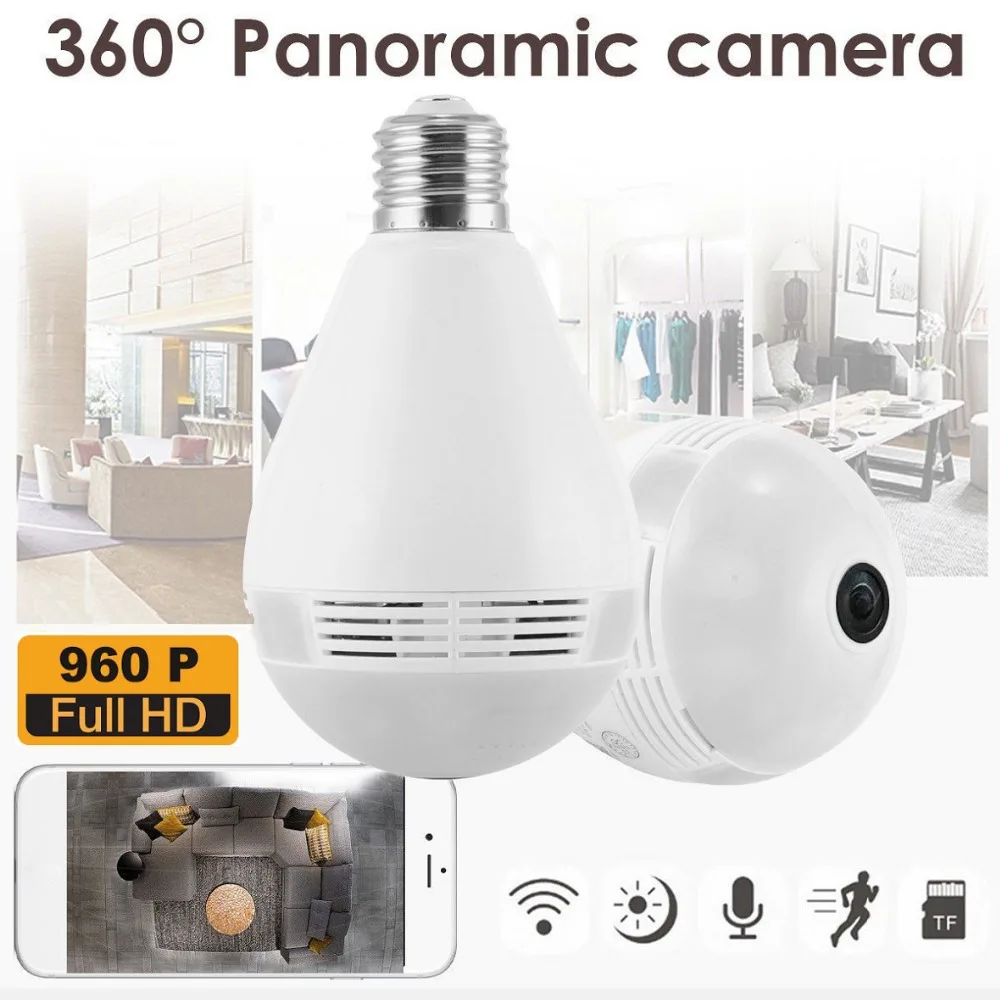 Умная Светодиодная лампа с датчиком движения 360 градусов E27 RGB Wi Fi V380 960P|Камеры