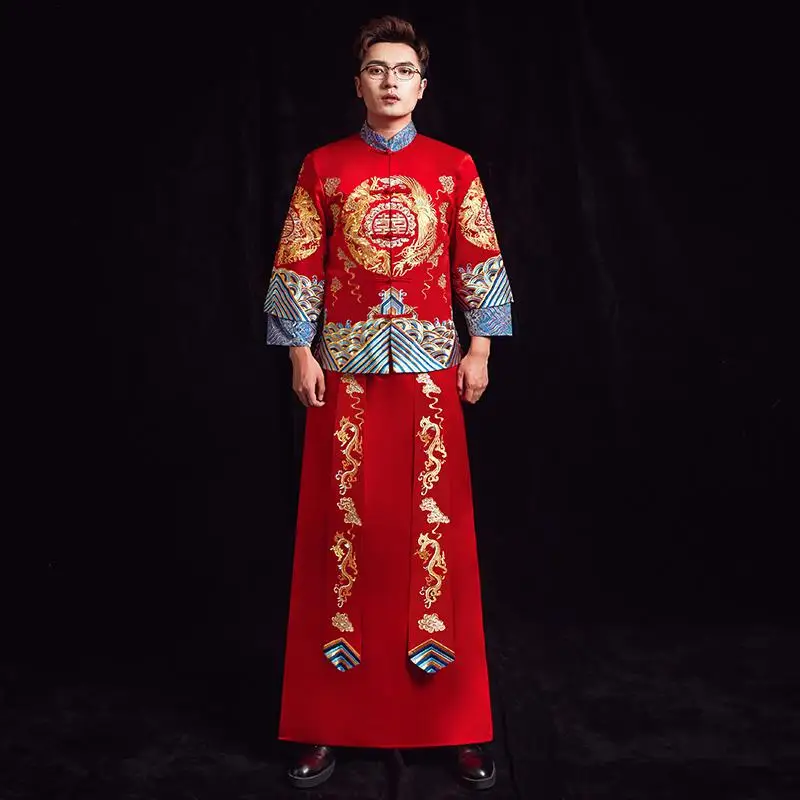 Вышивка дракон для мужчин Cheongsam китайский стиль жениха Свадебная одежда традиционное пальто+ халат мужской костюм Тан тост костюм - Цвет: Style 1