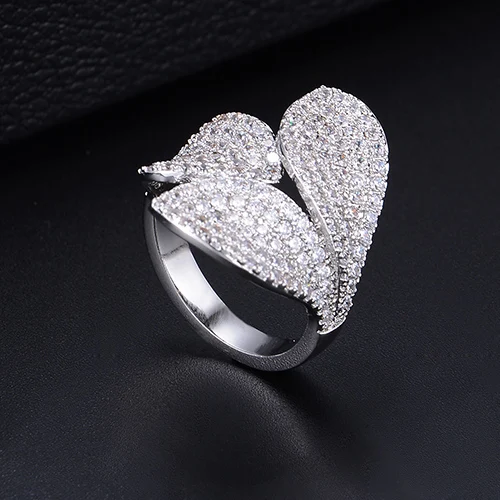 Silver Color Мода Три цвета цветок форма листьев регулируемые кольца полный кубический цирконий; для помолвки невесты палец кольца ювелирные изделия для женщин - Цвет основного камня: Silver Color