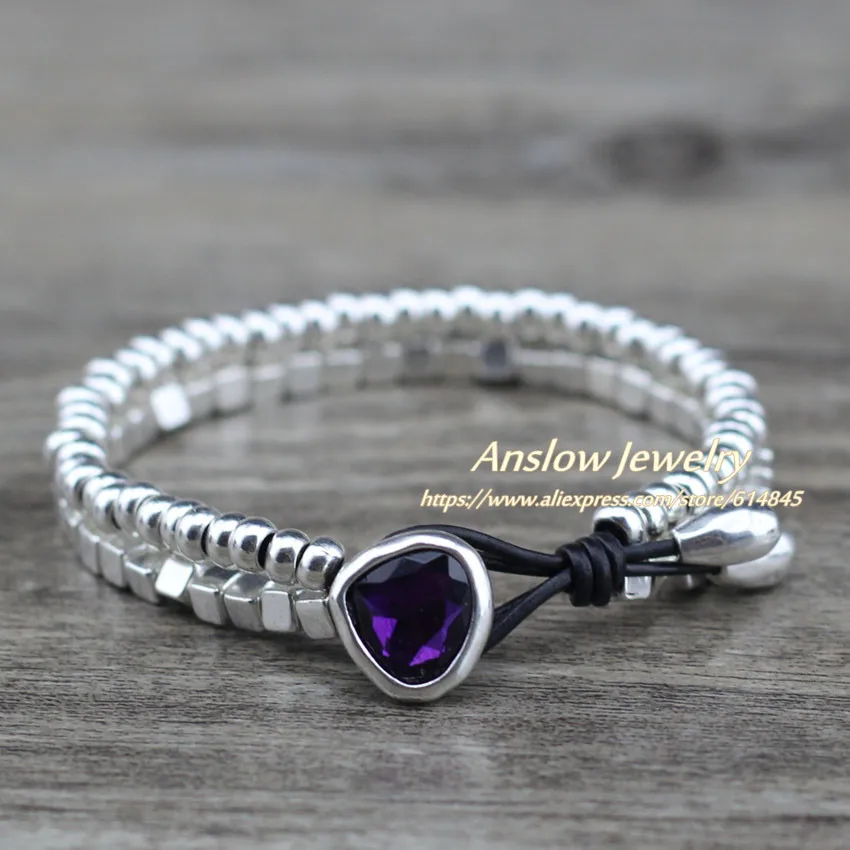 Purple Anslow, модные ювелирные изделия, цинковый сплав, посеребренные бусины, кожа, кристалл, амулеты, Браслеты Бижу, для женщин, друзей, браслет LOW0734LB - Окраска металла: Purple