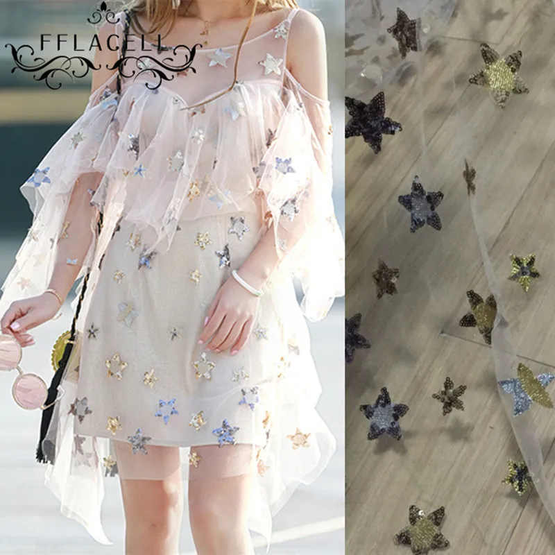 FFLACELL1 ярд блестящая звезда вышивка эластичная сетчатая кружевная ткань для