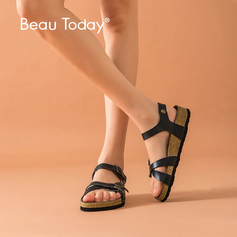 BeauToday/пляжные сандалии женская обувь из натуральной коровьей кожи с перекрестной