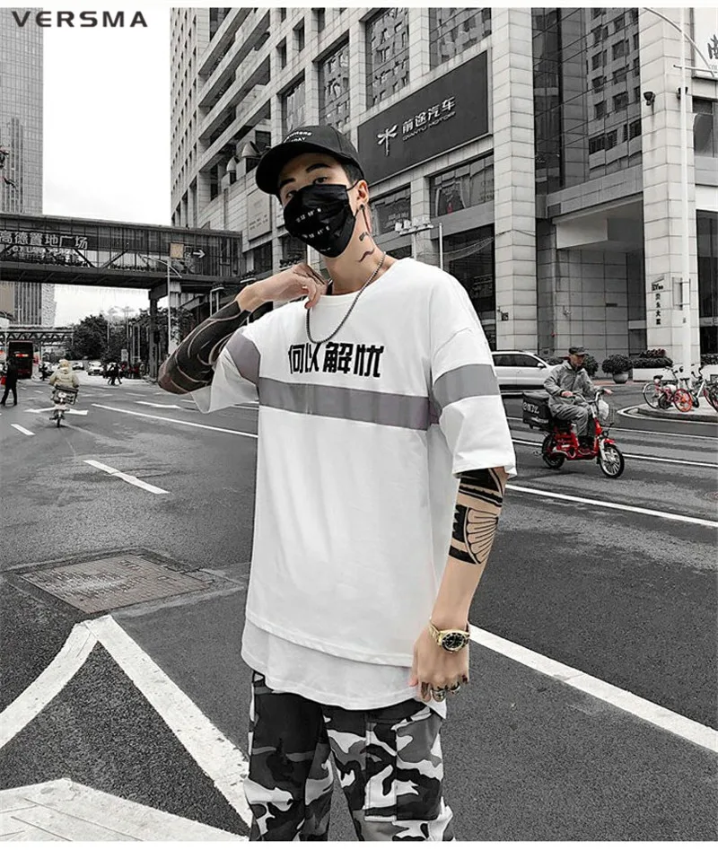 VERSMA корейская Harajuku Светоотражающая светящаяся китайская печатная Футболка мужская летняя Высокая улица K поп винтажная парная Футболка мужская