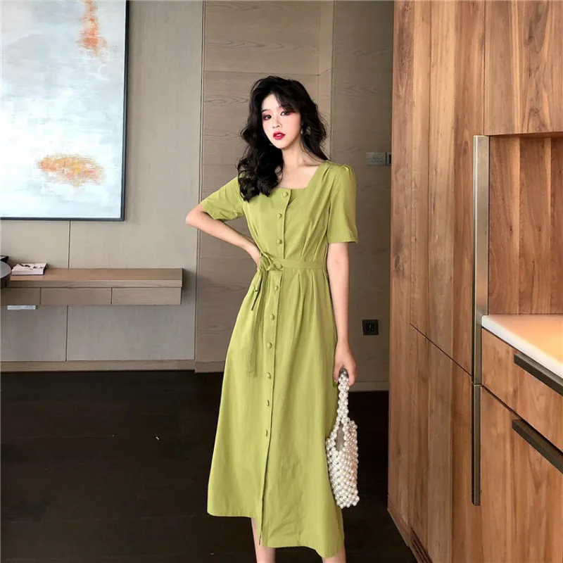 Women Summer Long Shirt Dress with Buttons Ladies Slim Waist a Line Elegant Vestidos Belt Casual Green Robe Femme Sukienki | Женская