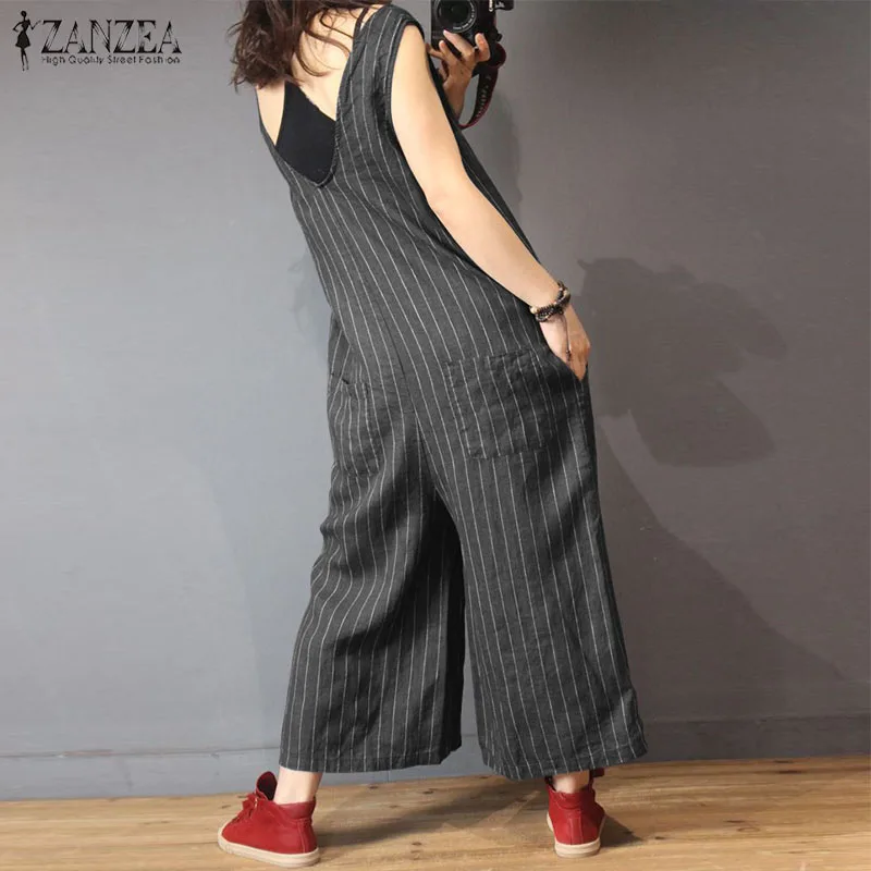 

ZANZEA Jumpsuits Women 2021 Fashion V Neck Sleeveless Striped Romper Female Casual Wide Leg Overalls Lady Plus Size Work Pants
