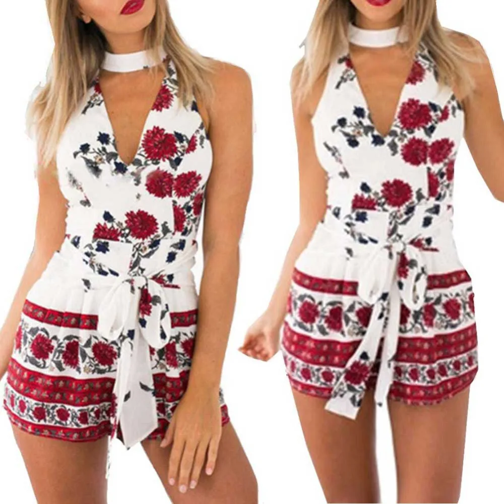 Febelle для женщин Мини Сексуальная от Shouder печати Playsuit Дамы Комбинезон летний