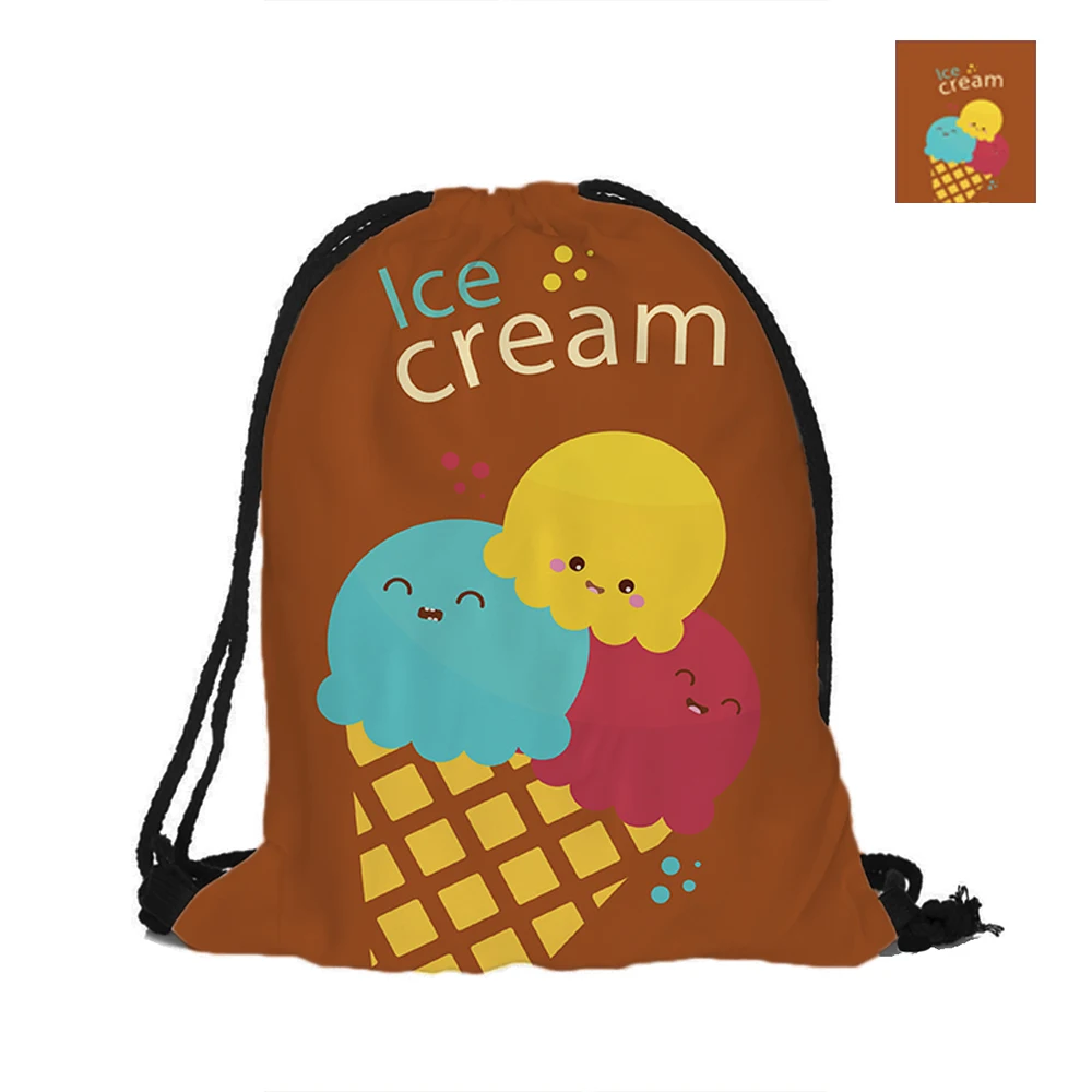 Ice Cream Printed Drawstring Backpack Double Sided Printing Polyester Pouch Backpacks For Travel And School Welcome Summer | Багаж и сумки