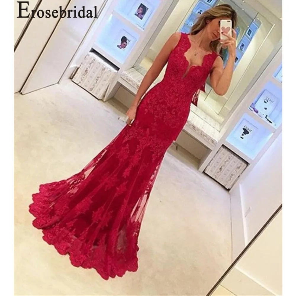 Erosebridal красный орнамент кружева вечернее платье без рукавов Русалка Вечерние