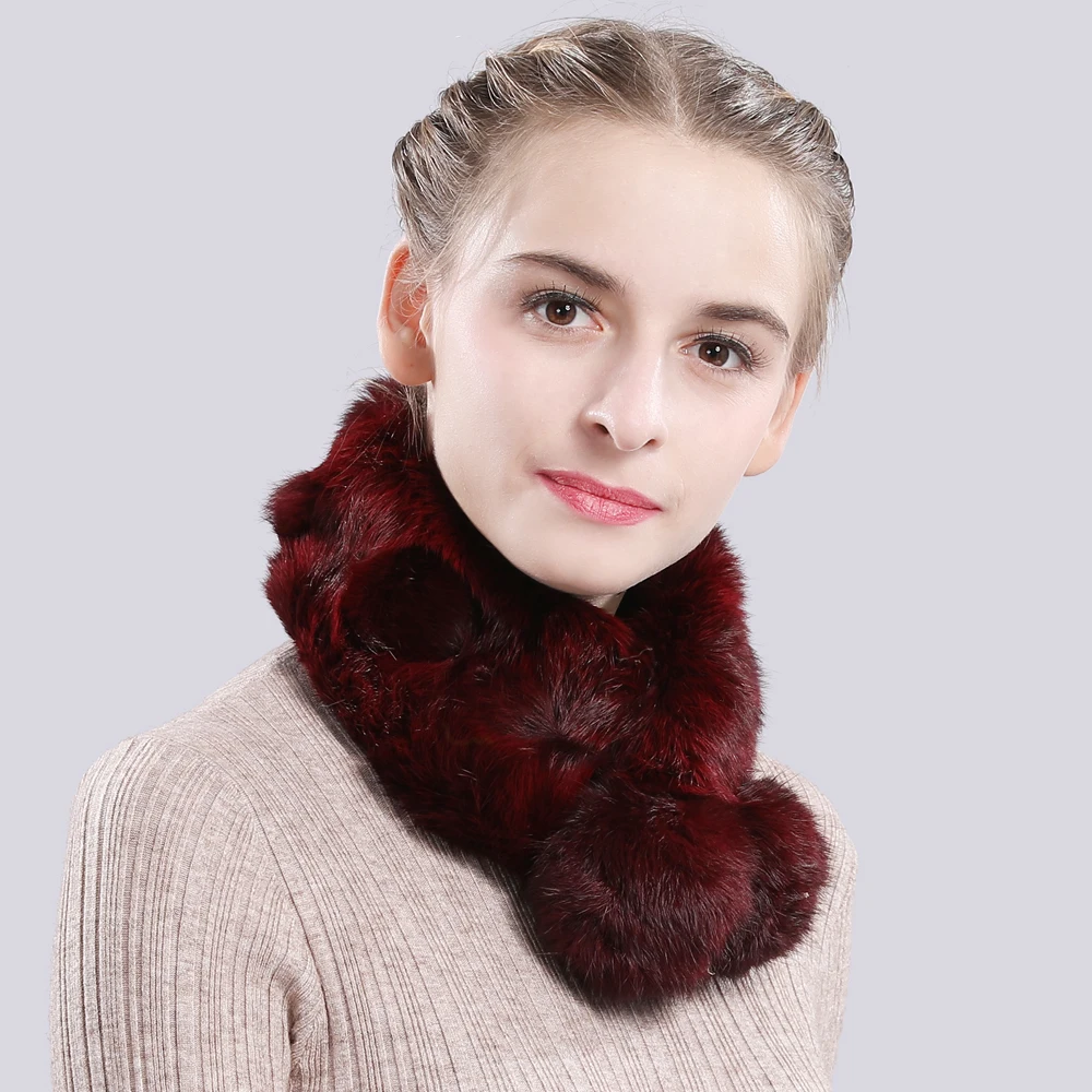 Женский вязаный шарф из натурального кроличьего меха модный теплый с кольцом