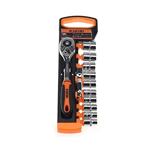 

KSEIBI 101800 Drive Socket Set 10-19 mm Metric Cr-V 10-Sockets with Quick Release Ratchet Handle and Extension Bar with Storage