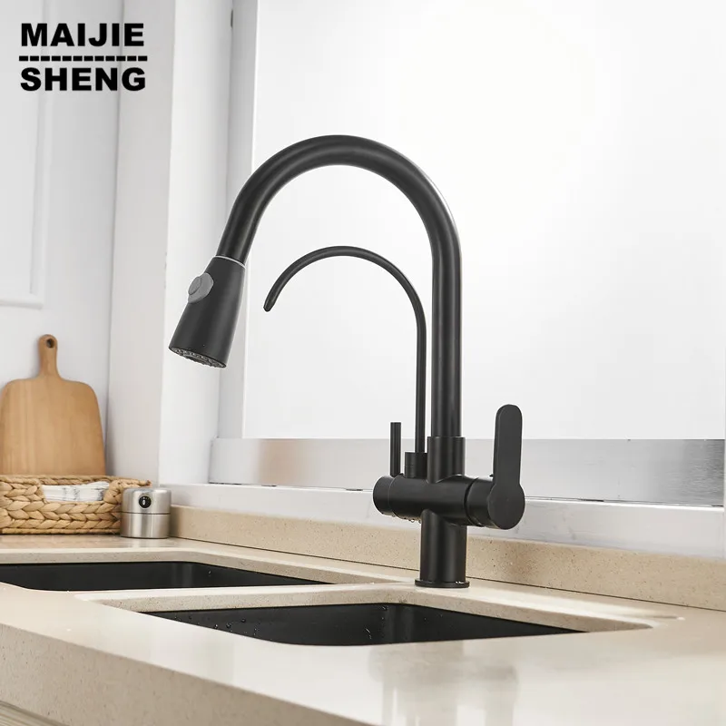 Черный кухонный кран вытяжной 3 ходовой фильтр для воды смеситель раковины