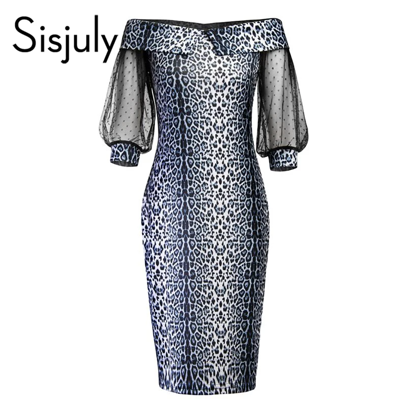 Sisjuly старинные платья женщины Bodycon элегантный черный OL дамы с плеча леопардовый