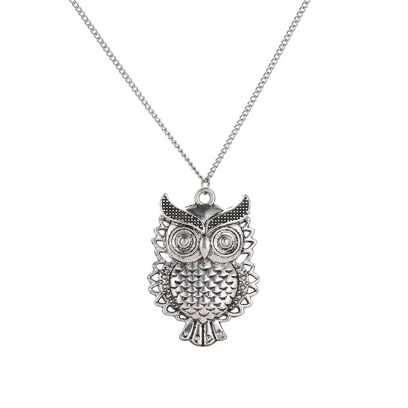 Vintage Vivid Carved Owl Cute Animals Pendant Long Thin Chain Ethnic Style Antique Silver Plated Necklaces For Women | Украшения и