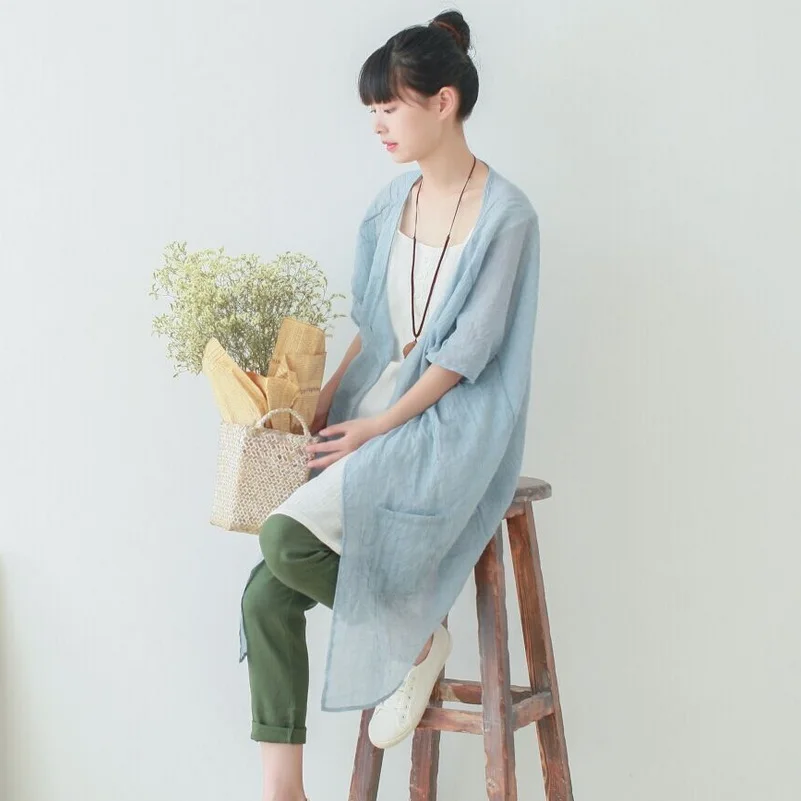 Летняя женская блузка из хлопка и льна свободная солнцезащитная одноцветная