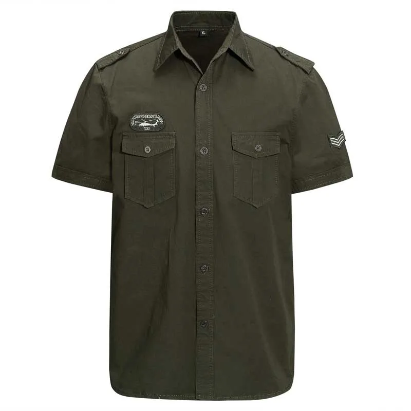 Военные Стиль хлопковая рубашка летние Для мужчин повседневная короткий рукав с