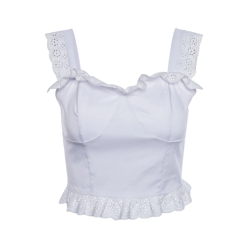 Белый кружевной топ с рюшами Женский Повседневный укороченный без рукавов