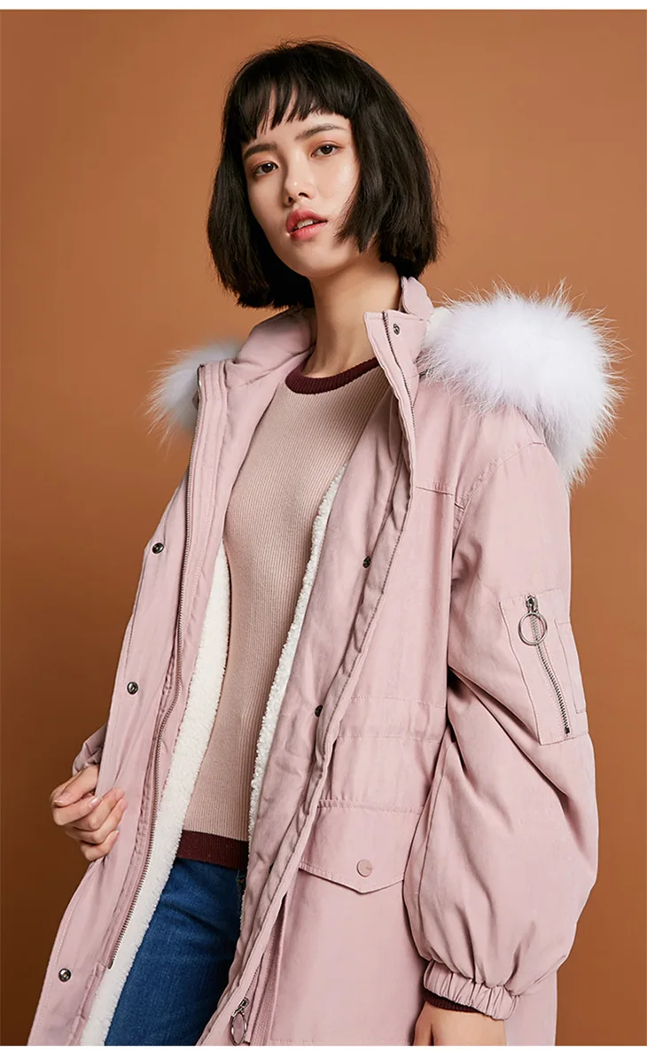 ONLY Women's Raccoon Fur Collar Cinched Waist Long Cotton Coat |118122501