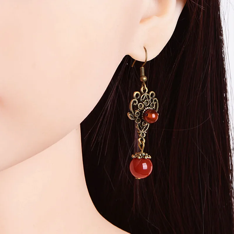 Yanting Винтажные висячие серьги женские этно с камнями медный сплав цветок