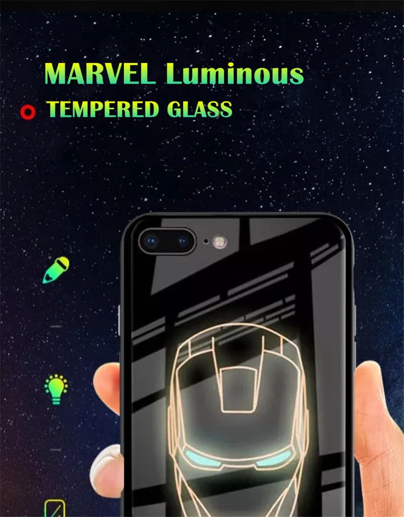 QINUO Marvel супергерой светящийся чехол для iphone 6 6s 7 8 Plus закаленное стекло чехол для телефона для iphone X XS Max XR Coque Funda Capa