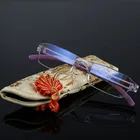 Очки для чтения унисекс, без оправы, для дальнозоркости, пластиковые линзы с чехлом в стиле ретро, от 1,0 до 1,5, R171