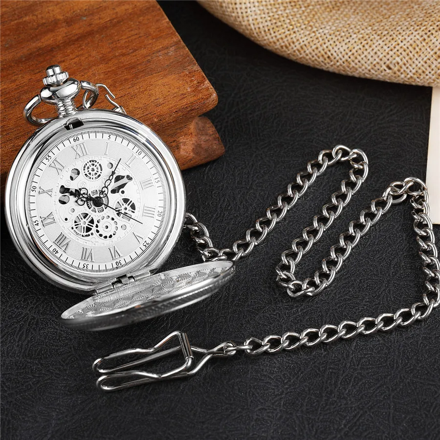 Pocketwatch Silver  Roman Numerals Antique Hand Wind Mechanical Pocket Watch Skeleton Steampunk Unique Gear Men Women