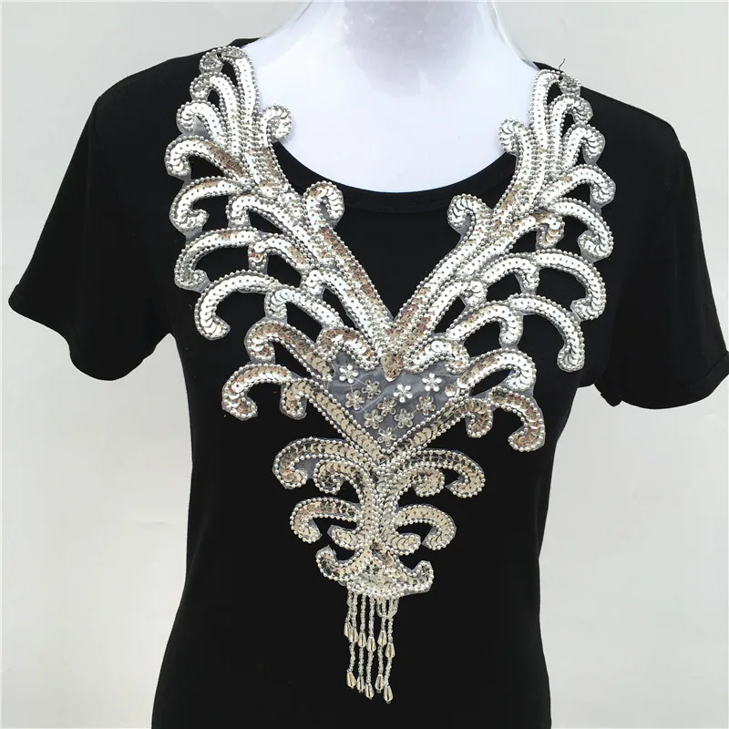 1pc Gold/Silver Beads Sequins Flower Lace Neckline Collar Sewing-On Embroidery Appliques For Dance Costumes Cloth Accessories | Дом и сад