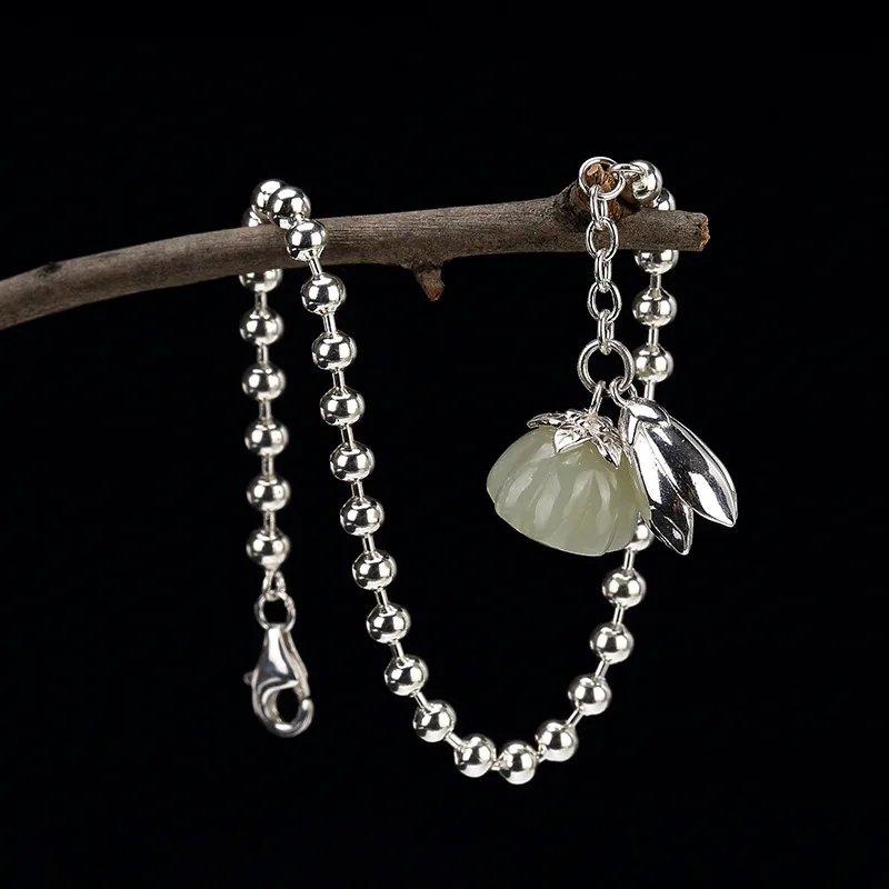 

S925 pure silver hetian jade lotus han edition contracted joker woman with silver inlaid round bead bracelet wholesale