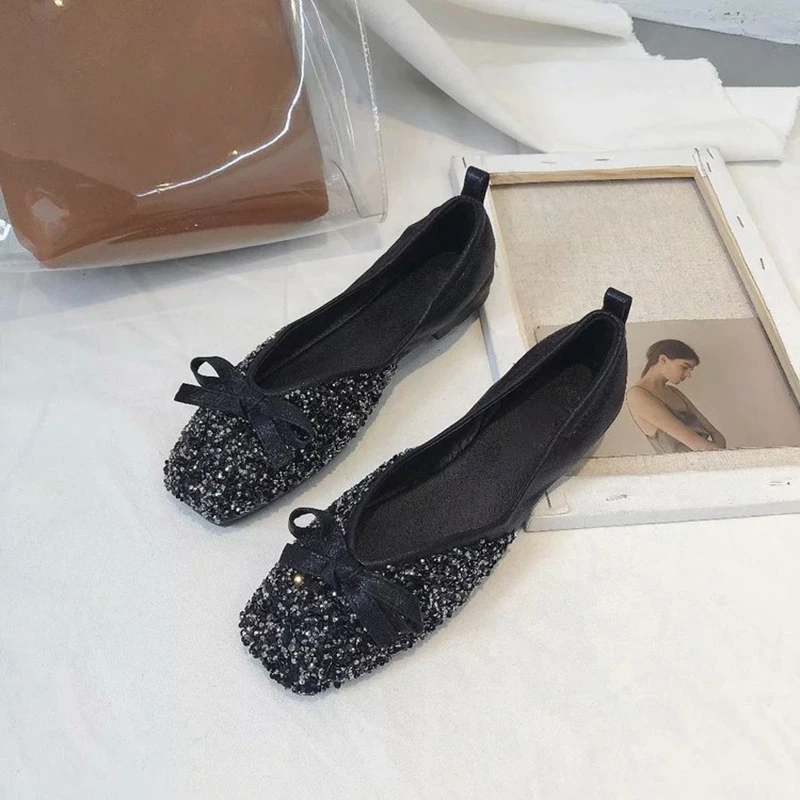 Bling горный хрусталь Лоферы без застежки кожи лук-узел Эспадрильи с квадратным
