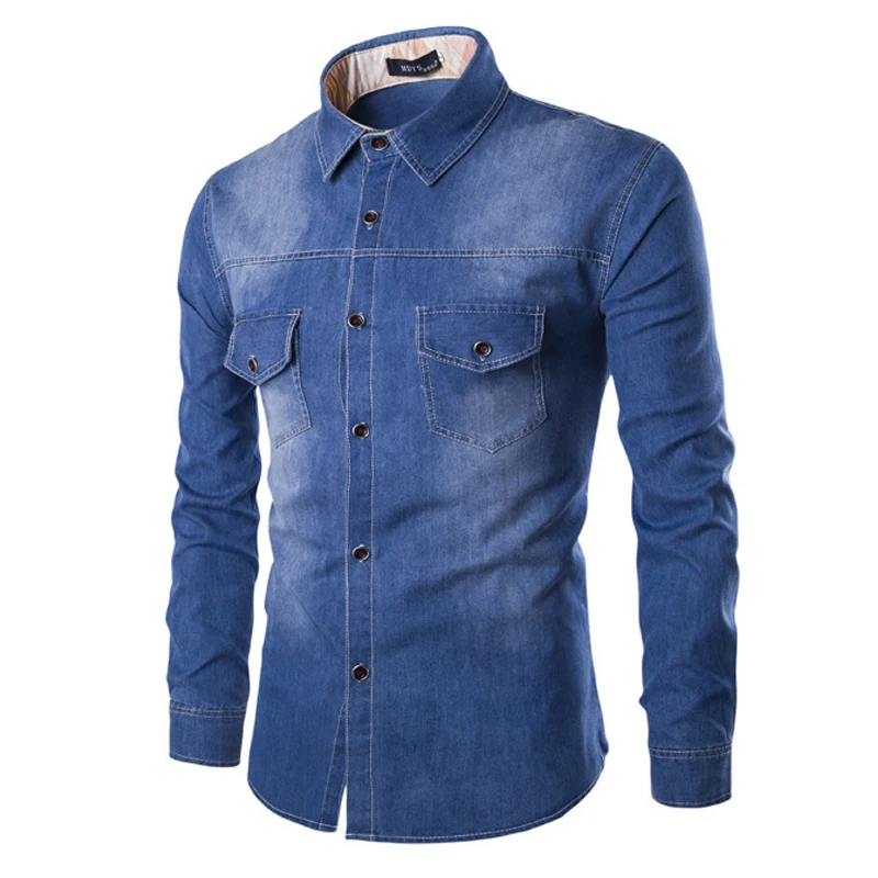 

Brand Men Shirt Solid Color Long Sleeve Denim Shirt Men Casual Slim Fit Breathable Turn Down Collar Jeans Men Shirt Plus 6XL