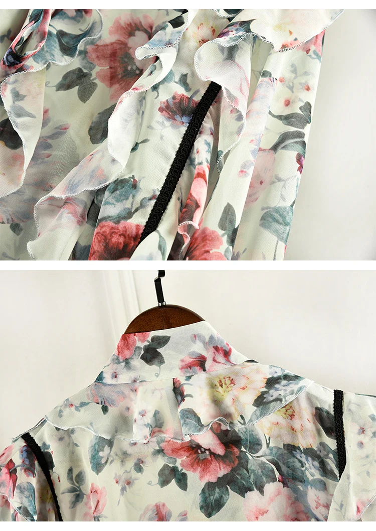 

Designer Luxury Shirts for Women Bow Neck Lace Flare Sleeve Floral Print Chiffon Blouse Tops