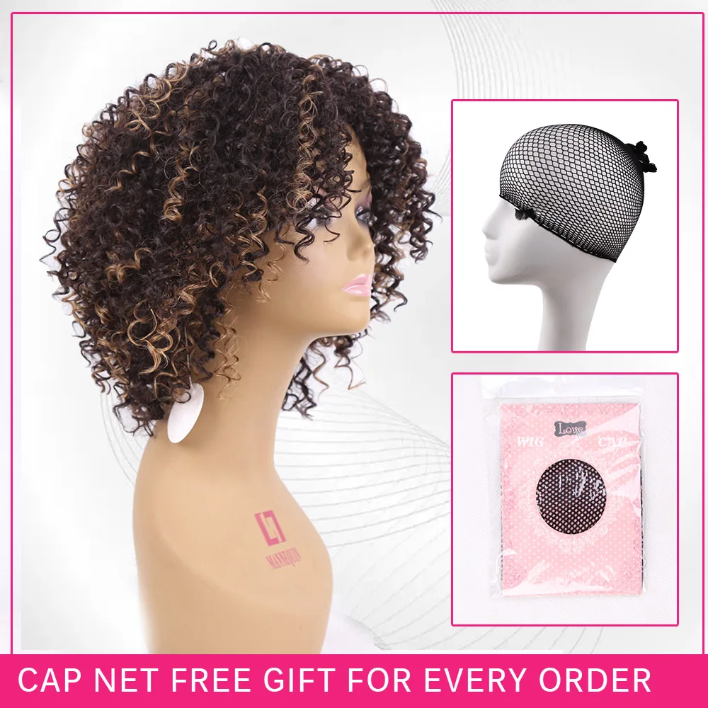 Amir Synthetic Curly Wig Short Afro Kinky Curly Wigs With Bangs Ombre Black and Brown Mix Blonde Wigs for Women Bob style