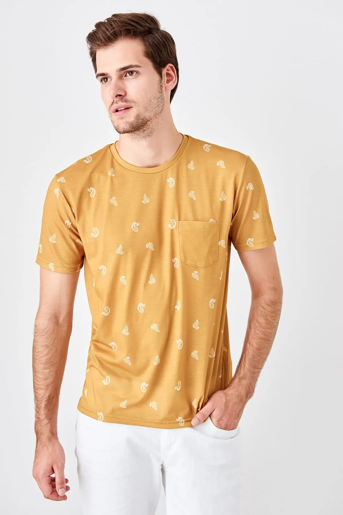 Trendyol горчичный Мужские Печатные Новые футболки TMNSS19TS0580|Мужские футболки| |