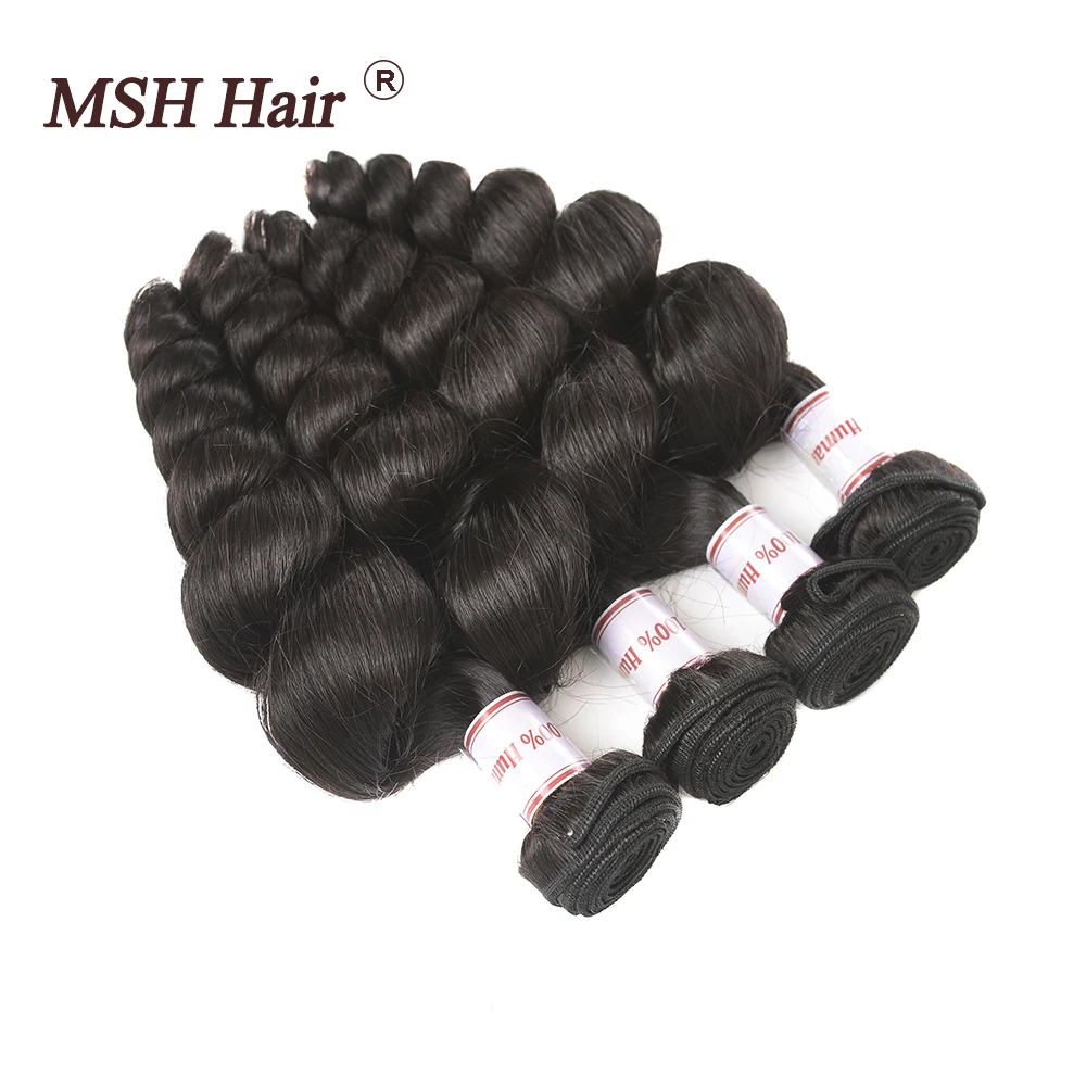 MSH Hair Indian Loose Wave 4 Bundles Extensions Natural Black Non Remy Human Weaves | Шиньоны и парики