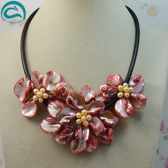 

Unique Pearls jewellery Store Chirstmas Women Flower Necklace Pink Natural Pearl Red Shell Flower Black Leather Necklace