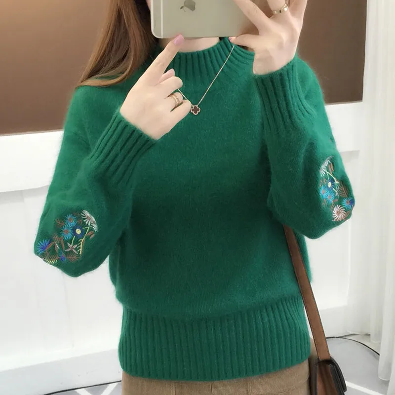 2019 Autumn Winter Sweater Women Casual Embroidery Pullovers Female Korean Half Turtleneck Long Sleeve Warm Knit Tops Pull Femme | Женская