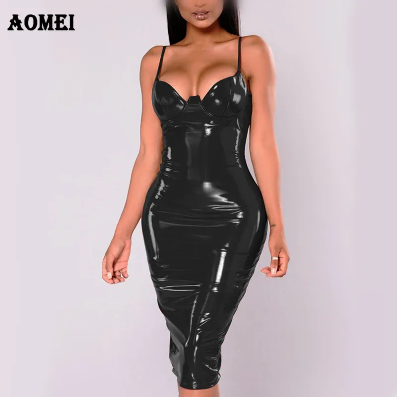 Женское сексуальное облегающее платье из искусственной кожи с разрезом без