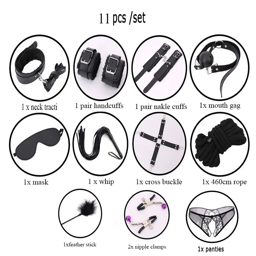 11 шт./компл. нейлон БДСМ секс бондаж набор наручники Footcuff Whip рот кляп сексуальные