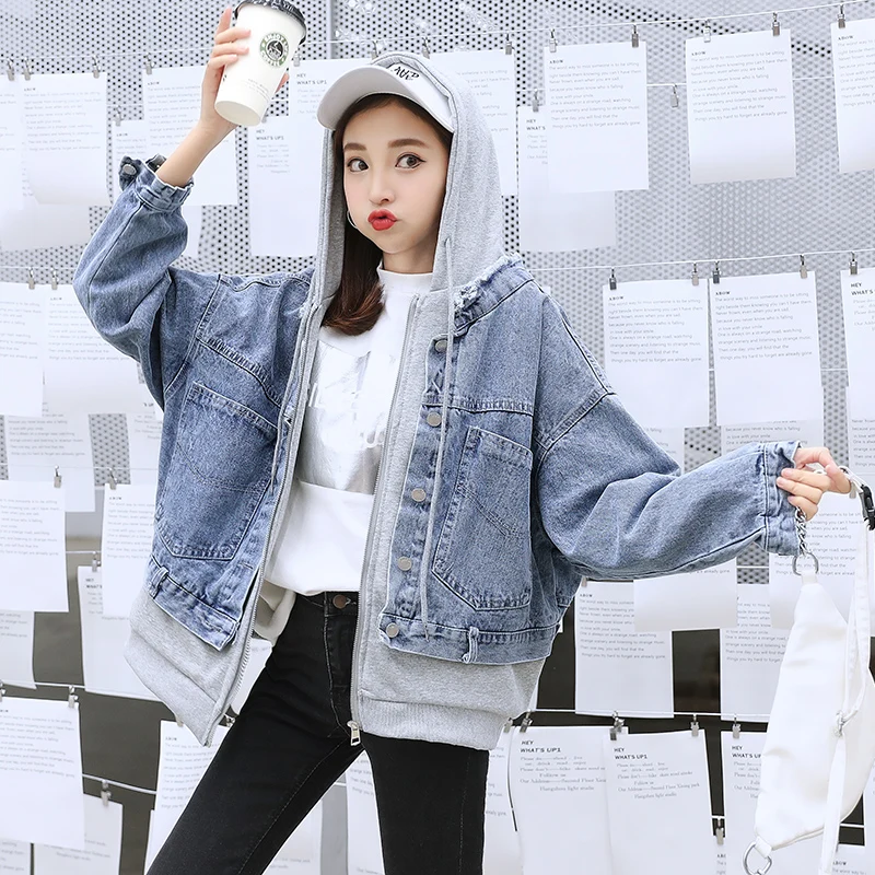 Мода Harajuku Весенняя куртка для женщин с капюшоном в стиле пэчворк джинсовая 2021