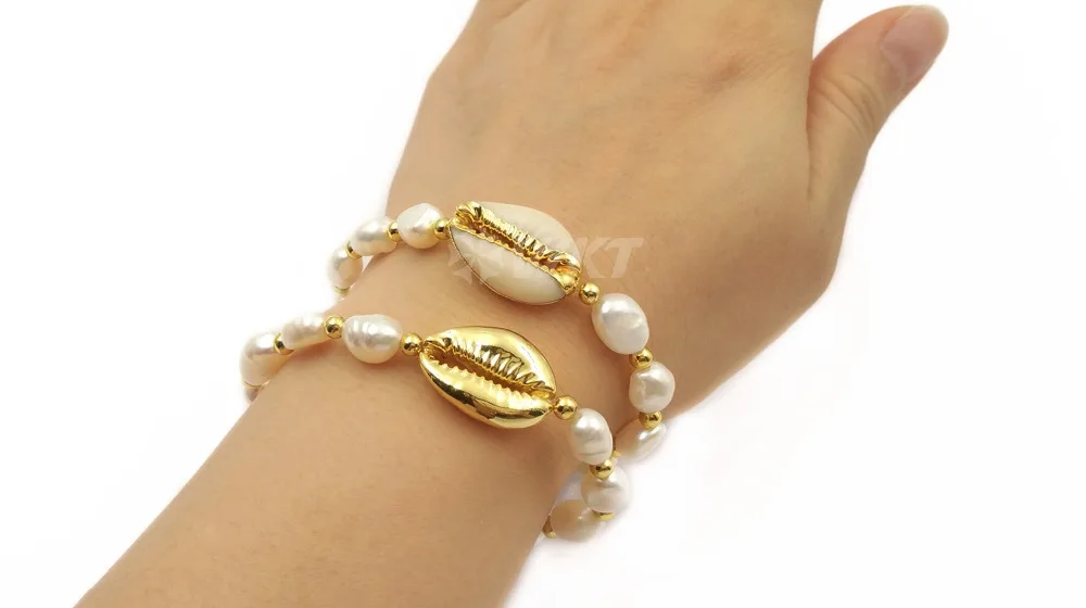 WT-B458 Cowrie& Pearl Браслет Ручной Работы Золотая или Золотая отделка подвеска с Каури с жемчугом Шарм женские ювелирные изделия с бриллиантами