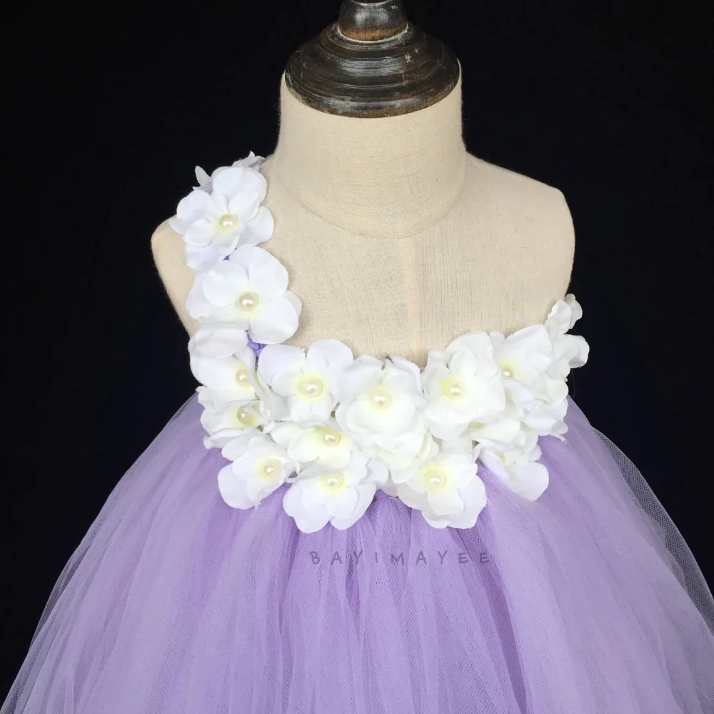Girls Lavender Tulle Tutu Dress Kids Single Shoulder Ball Gown with White Flowers Children Wedding Party Costume Dresses |