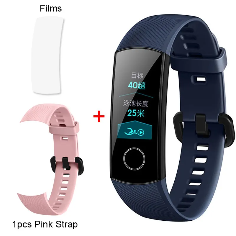 HONOR Band 4, умный браслет, фитнес-браслет, 0,95 дюймов, цветной AMOLED сенсорный экран, 5 АТМ, для плавания, с осанкой, для сердечного ритма, сна - Цвет: Blue Add Pink Strap.