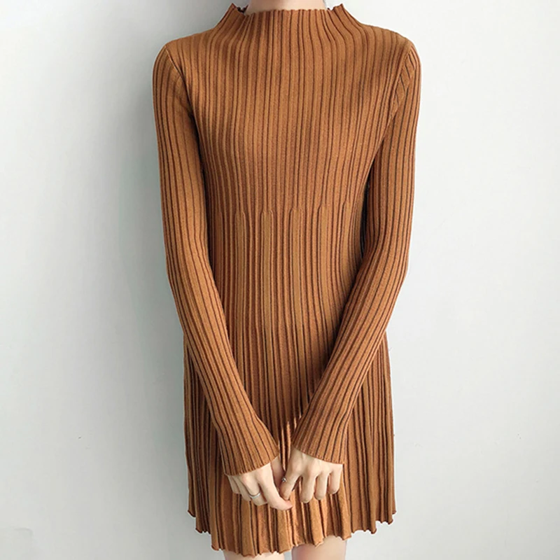 2019 женские зимние милые трикотажное мини-платье в Корейском стиле Однотонные