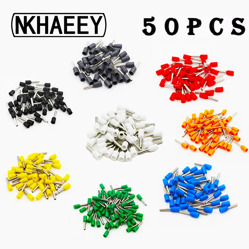 50 шт./упак. E0508 E7508 E1008 E1508 E2508 изолированных кабельных наконечников клеммной колодки конец шнура Разъем провода электрические обжимной Терминатор