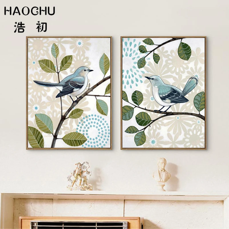 HAOCHU прекрасные синие птицы ветви животных холст искусство печать картина стене