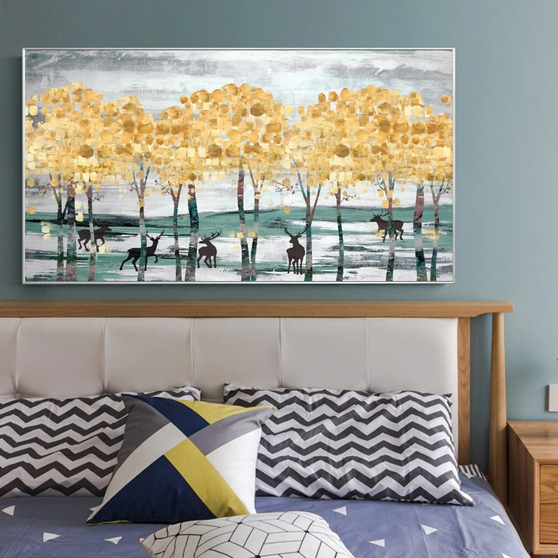 Современные абстрактные пейзажи с изображением золотых денег и оленей настенная