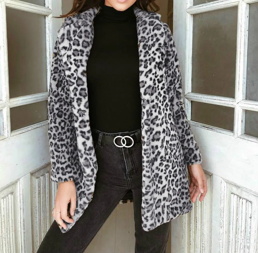 

2019 Winter Coat Women Jacket Faux Fur Outwear Warm Fleece Coat Animal Print Streetwear Women Cardigan Leopard Outwears