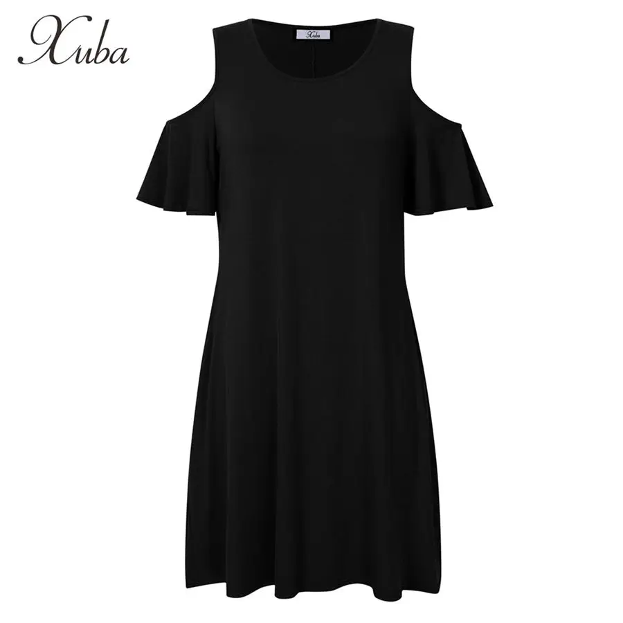 XUBA 2017 Для женщин Свободные Свинг Fit платье рюшами Sleeve Cold Shoulder плиссированные